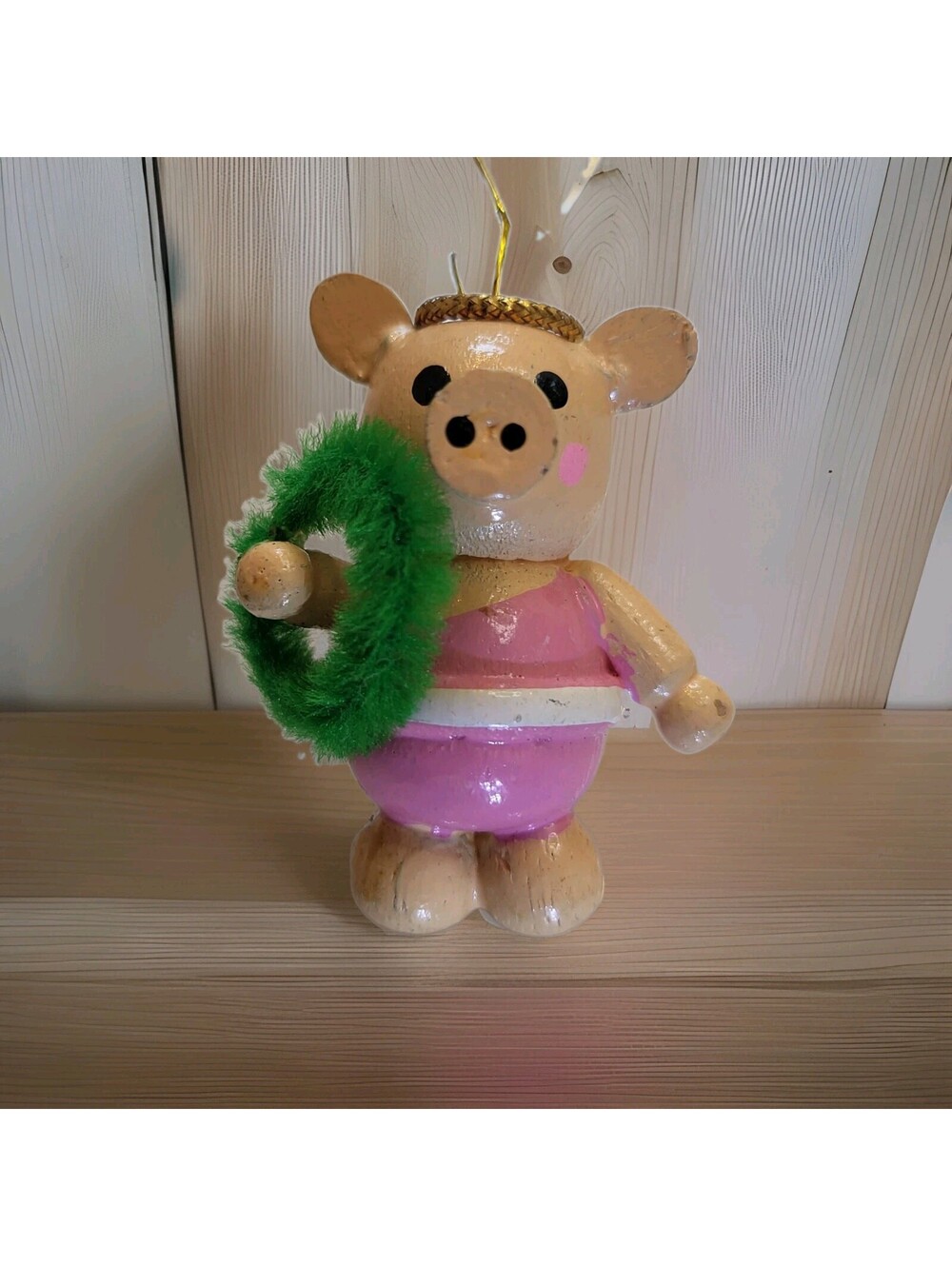 Vtg 1960s Pig Christmas Ornament Wood HandPainted Girl Angel Piggy HogEUC 2" A42